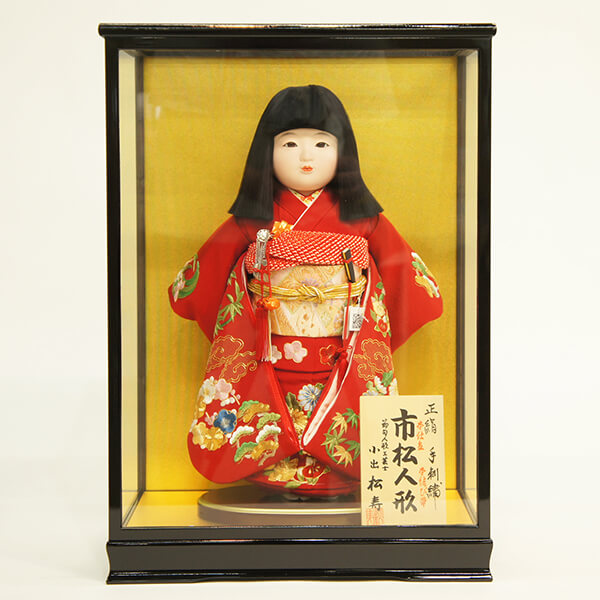 松寿作 市松人形 正絹一越手刺繍 花の丸 雲本仕立・練胴・本結帯 ケース入り （HB9）
