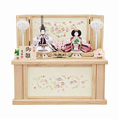 雛人形: 御雛 刺繍 小三五親王 木目 雪輪桜刺繍 引き出し式収納箱