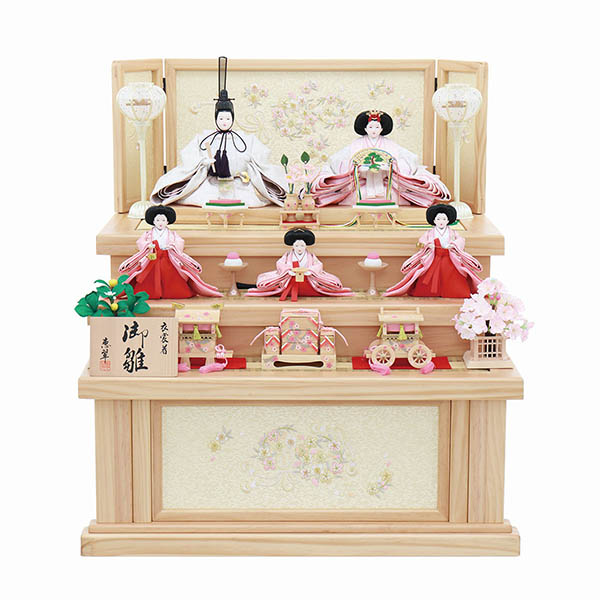 御雛 三五親王 柳官女 収納三段飾り 木目 刺繍リボン桜 引き出し式収納箱