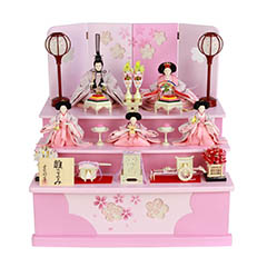 雛人形: 雛ごよみ 小三五親王 柳官女 収納三段飾り ピンク桜柄 引き出し式収納箱