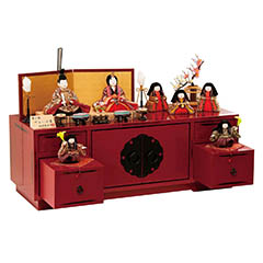 雛人形: 柿沼東光作 やよい小筺 七人飾り 家具調収納箱 木目込み飾り