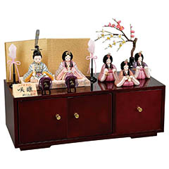 雛人形: 柿沼東光作 咲雛 五人飾り 家具調収納箱 金屏風 木目込み飾り