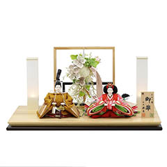 雛人形: 小出松寿作 高雄 黄櫨染 十二番親王 アートフラワー 白木 木目 飾り台