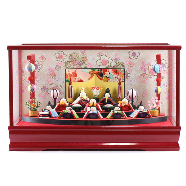プレミアム 扇面三段 わらべ雛 10人揃い まり飾り オルゴール付 赤 ガラスケース飾り