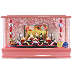 雛人形: プレミアム 扇面三段 わらべ雛 10人揃い まり飾り オルゴール付 パールピンク アクリルケース飾り
