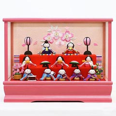 雛人形: プレミアム わらべ雛 10人揃いオルゴール付きケース飾り ピンク