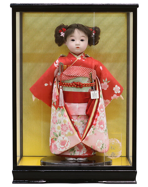 松寿作 市松人形 京友禅 赤 桜に桜 ガラスケース飾り （HB9）