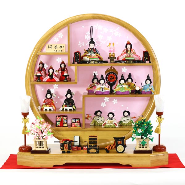 大里彩作 木目込み雛人形 はるか 十五人飾り 竹製円形飾り台 お道具セット