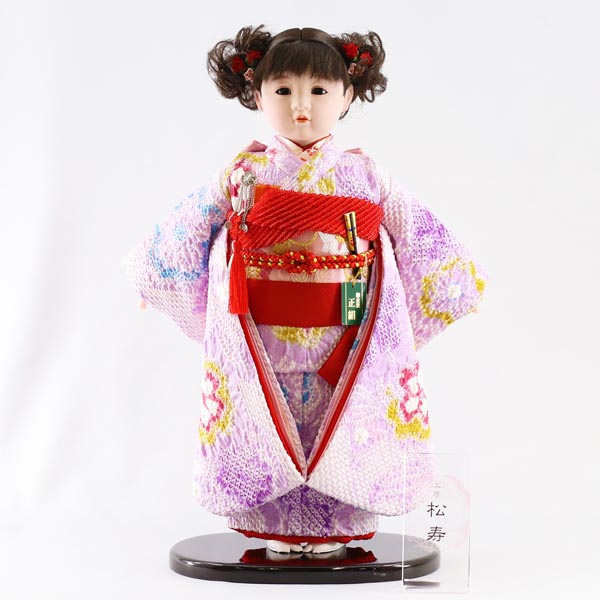 松寿作 市松人形 正絹変わり絞り 紫花