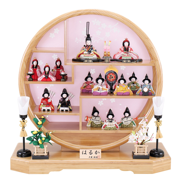 大里彩作 木目込み雛人形 はるか 竹製 丸型 円形飾り台 ピンク桜 十五人飾セット