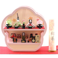 雛人形: 親王飾り 桃山雛 桜色塗り 木製 花形台飾り