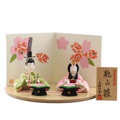 雛人形: 親王飾り 桃山雛 ハードメイプル突板 半円形敷板 型染め和紙屏風