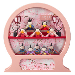 雛人形: 舞あそび 桃 わらべ十人 オルゴール付 手鏡型ケース飾りアクリルケース飾り