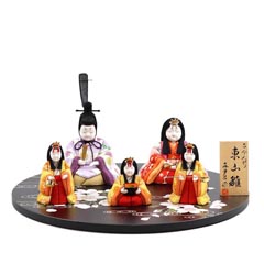 雛人形: 真多呂作 木目込み雛人形 東山雛 五人飾り 丸盆飾り台 流水に桜