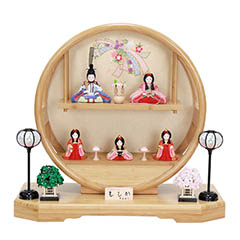 雛人形: 大里彩作 木目込み五人飾り 竹製円形 丸形飾り台