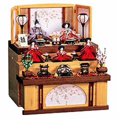雛人形: 春風 小三五親王 柳官女 五人揃え 家具調 引き出し式収納箱 木目 三段収納飾り