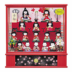 雛人形: 友禅舞桜十五人 木目込み飾り ガラスケース飾り オルゴール付き