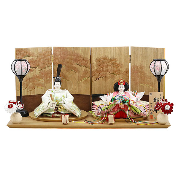 小出松寿作 京刺繍 草花文様 十二番親王 つまみ細工紅白梅 扇面松文様屏風 タモ材 木製飾り台 平飾