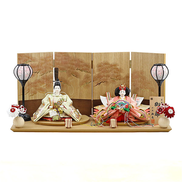 小出松寿作 金彩京刺繍 十二番親王 つまみ細工紅白梅 扇面松文様屏風 タモ材 木製飾り台 平飾り