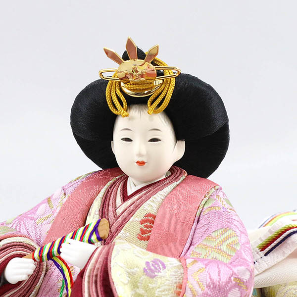 柴田家千代　 雛人形　柴田家千代作 葵 麻の葉に丸文 薄紫ピンク 柳親王 裾長衣装着 金屏風 黒塗り飾り台 平飾り　詳細画像