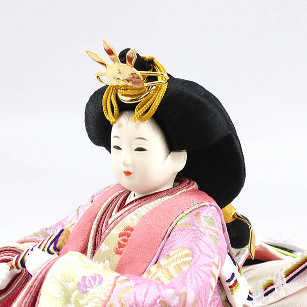 柴田家千代　 雛人形　柴田家千代作 葵 麻の葉に丸文 薄紫ピンク 柳親王 裾長衣装着 金屏風 黒塗り飾り台 平飾り　詳細画像