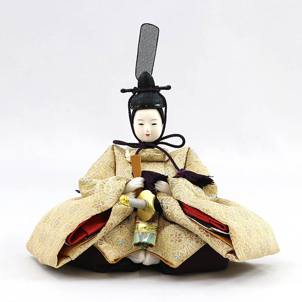 柴田家千代　 雛人形　柴田家千代作 葵 金らん ベージュ/赤 柳親王 裾短衣裳着 金屏風 黒塗り飾り台 平飾り　詳細画像
