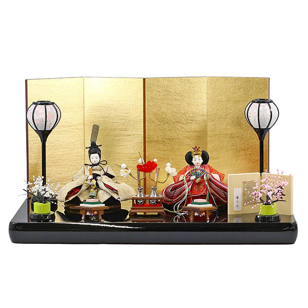 柴田家千代作 葵 金らん ベージュ/赤 柳親王 裾短衣裳着 金屏風 黒塗り飾り台 平飾り