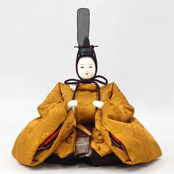 柴田家千代　 雛人形　柴田家千代作 葵 黄櫨染 唐花文様 金茶/赤 柳親王 裾長衣装着 三段ぼかし几帳 華風 黒塗り飾り台 平飾り　詳細画像