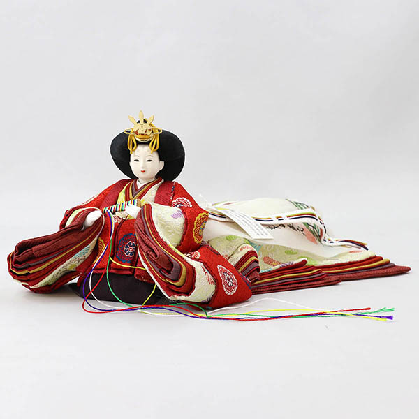 柴田家千代　 雛人形　柴田家千代作 葵 黄櫨染 唐花文様 金茶/赤 柳親王 裾長衣装着 三段ぼかし几帳 華風 黒塗り飾り台 平飾り　詳細画像