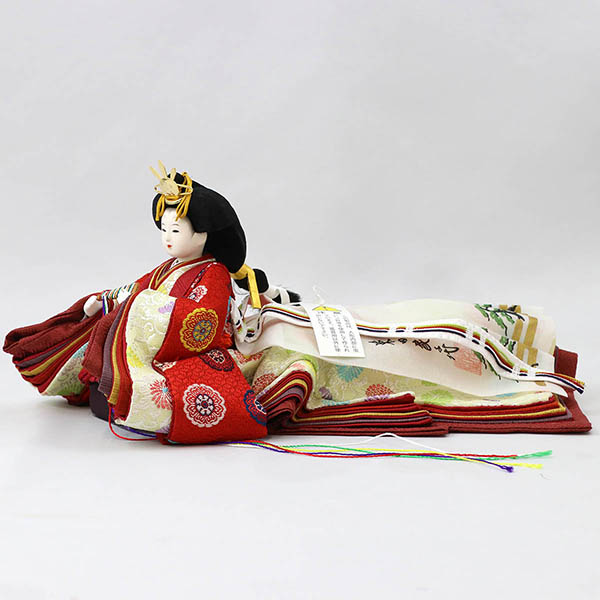 柴田家千代　 雛人形　柴田家千代作 葵 黄櫨染 唐花文様 金茶/赤 柳親王 裾長衣装着 三段ぼかし几帳 華風 黒塗り飾り台 平飾り　詳細画像