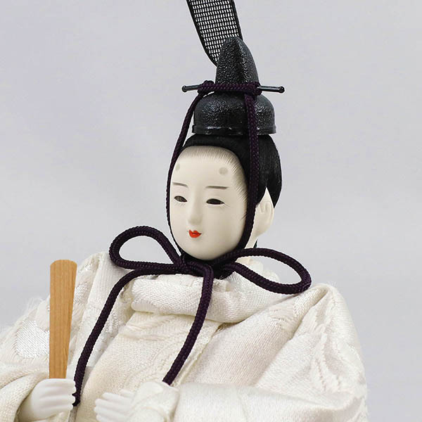 柴田家千代　 雛人形　柴田家千代作 葵 流水に木瓜文 白無垢風 柳親王 裾長衣装着 三段ぼかし几帳 華風 黒塗り飾り台 平飾り　詳細画像