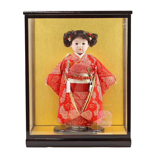 松寿作 市松人形 正絹絞り 赤 ガラスケース飾り （HB45）