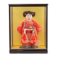 雛人形: 松寿作 市松人形 正絹絞り 赤 ガラスケース飾り （HB45）