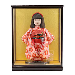 雛人形: 松寿作 市松人形 特選友禅 ストライプ 梅 ガラスケース飾り （HB45）