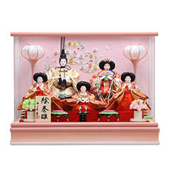 雛人形: 亜春美 あすみ 芥子五人揃い ピンクぼかし オルゴール付き アクリルケース飾り