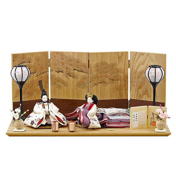 柴田家千代作 葵 算崩地紋 刺繍桜ちらし 白紫 柳親王 裾長衣装着 紅白梅 扇面松文様屏風 タモ材 