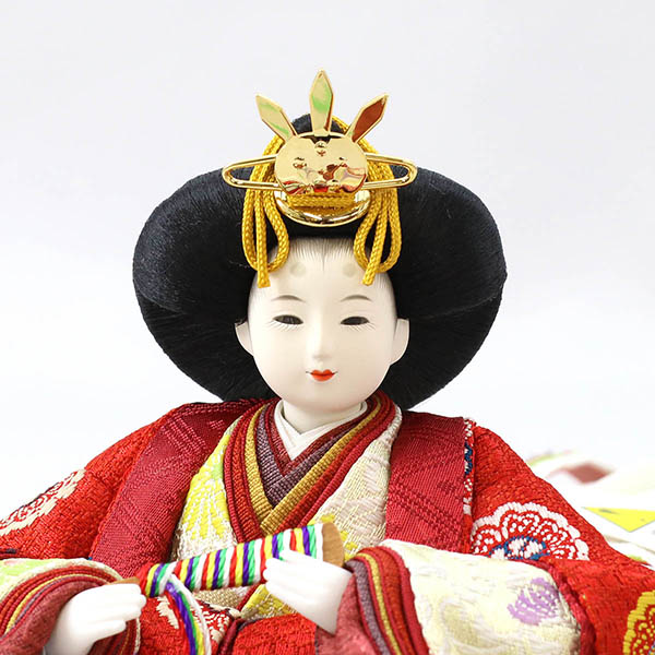 柴田家千代　 雛人形　柴田家千代作 葵 黄櫨染 唐花文様 金茶/赤 柳親王 裾長衣装着 艶消し木製飾り台 LED照明付き屏風　詳細画像