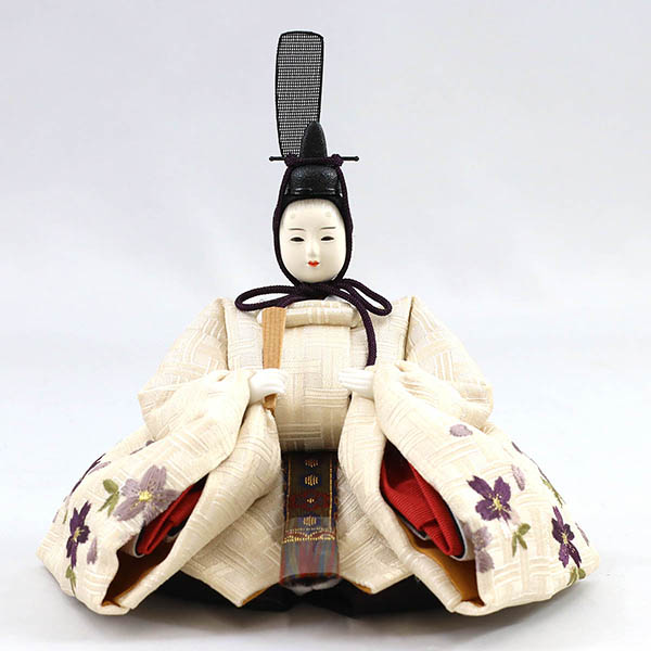 柴田家千代　 雛人形　柴田家千代作 葵 算崩地紋 刺繍桜ちらし 白紫 柳親王 裾長衣装着 艶消し木製飾り台 LED照明付き屏風　詳細画像
