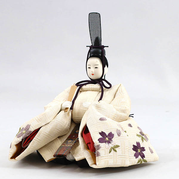 柴田家千代　 雛人形　柴田家千代作 葵 算崩地紋 刺繍桜ちらし 白紫 柳親王 裾長衣装着 艶消し木製飾り台 LED照明付き屏風　詳細画像