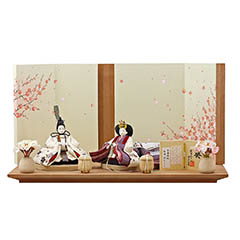 雛人形: 柴田家千代作 葵 算崩地紋 刺繍桜ちらし 白紫 柳親王 裾長衣装着 艶消し木製飾り台 LED照明付き