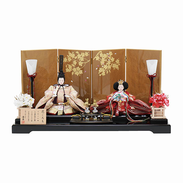 優香作 衣裳着 京十二番親王 正絹 四曲越前塗金箔螺鈿桜屏風 黒塗り飾り台