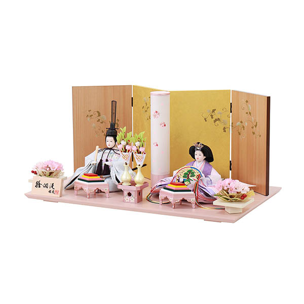 フジキ　 雛人形　雅泉作 衣裳着 小三五親王 木目/金 七宝華唐草屏風 薄ピンク飾り台　詳細画像