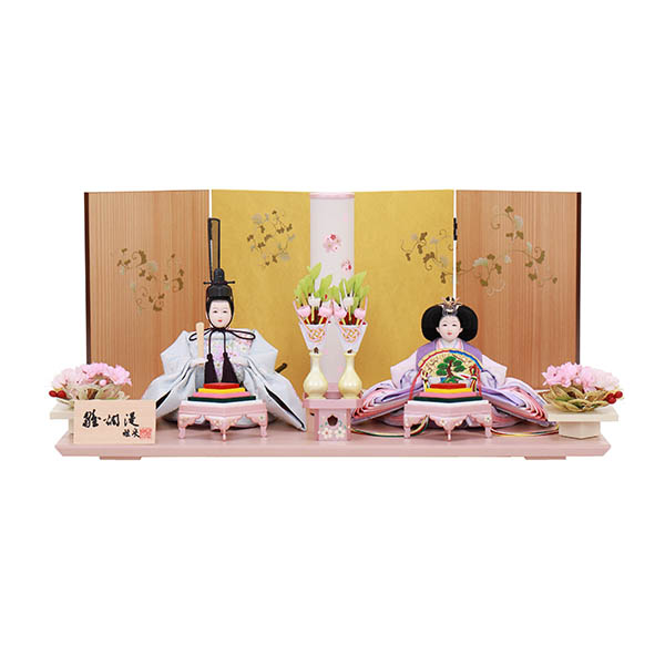 雅泉作 衣裳着 小三五親王 木目/金 七宝華唐草屏風 薄ピンク飾り台