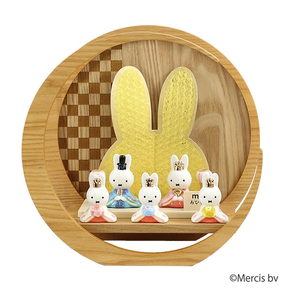 miffy  ミッフィー 磁器 ひな人形 うさこ 親王 官女 五人飾り 市松模様 木製 円形 三日月