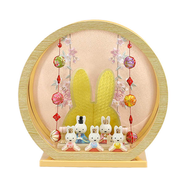 miffy  ミッフィー 磁器 ひな人形 うさこ 親王 官女 五人飾り 桧風木目調 鞠三連つるし付き