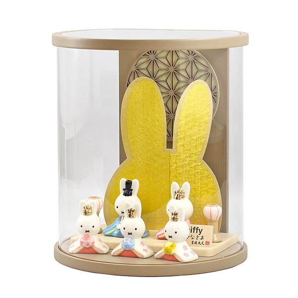 吉徳　 雛人形　miffy  ミッフィー 磁器 ひな人形 うさこ 親王 官女 五人飾り モカ塗り まどか 麻の葉文様 円形 筒型 アクリルケース　詳細画像