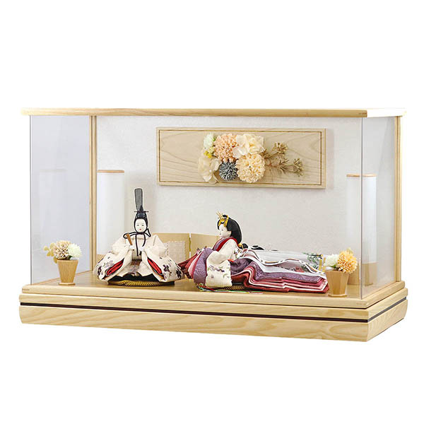 柴田家千代　 雛人形　柴田家千代作 葵 算崩地紋 刺繍桜ちらし 白紫 柳親王 裾長衣装着 白木 木目 アートフラワー アクリルケース　詳細画像