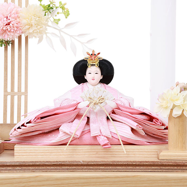 フジキ　 雛人形　優香作 衣裳着 京十二番親王 アレンジフラワー 白木 木目 アクリルケース飾り　詳細画像