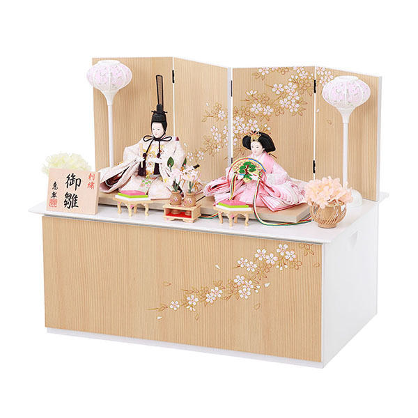 フジキ　 雛人形　恵翠作 衣裳着 小三五親王 刺繍 白木 木目 四曲枝桜屏風 収納箱飾り　詳細画像