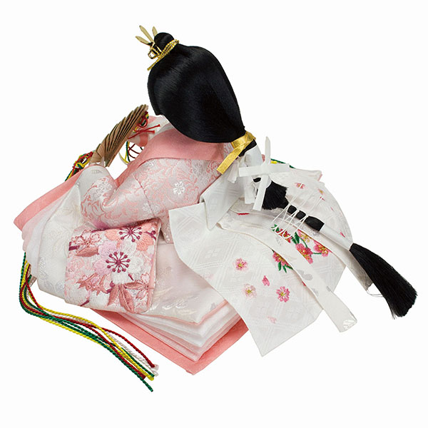 フジキ　 雛人形　恵翠作 衣裳着 小三五親王 刺繍 白木 木目 四曲枝桜屏風 収納箱飾り　詳細画像